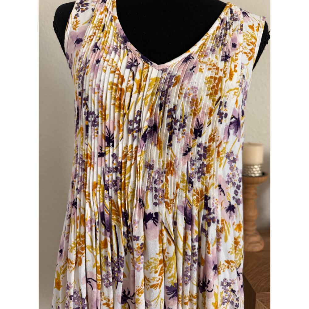 Old Navy Floral Pintuck Mini Dress XS Purple Mustard Yellow Babydoll Sleeveless - Picture 2 of 8